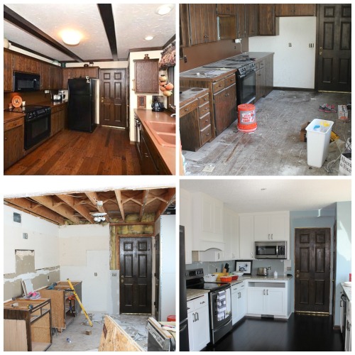 construction2style kitchen remodel featuring the transformation before and after, white cabinetry, hardwood floors