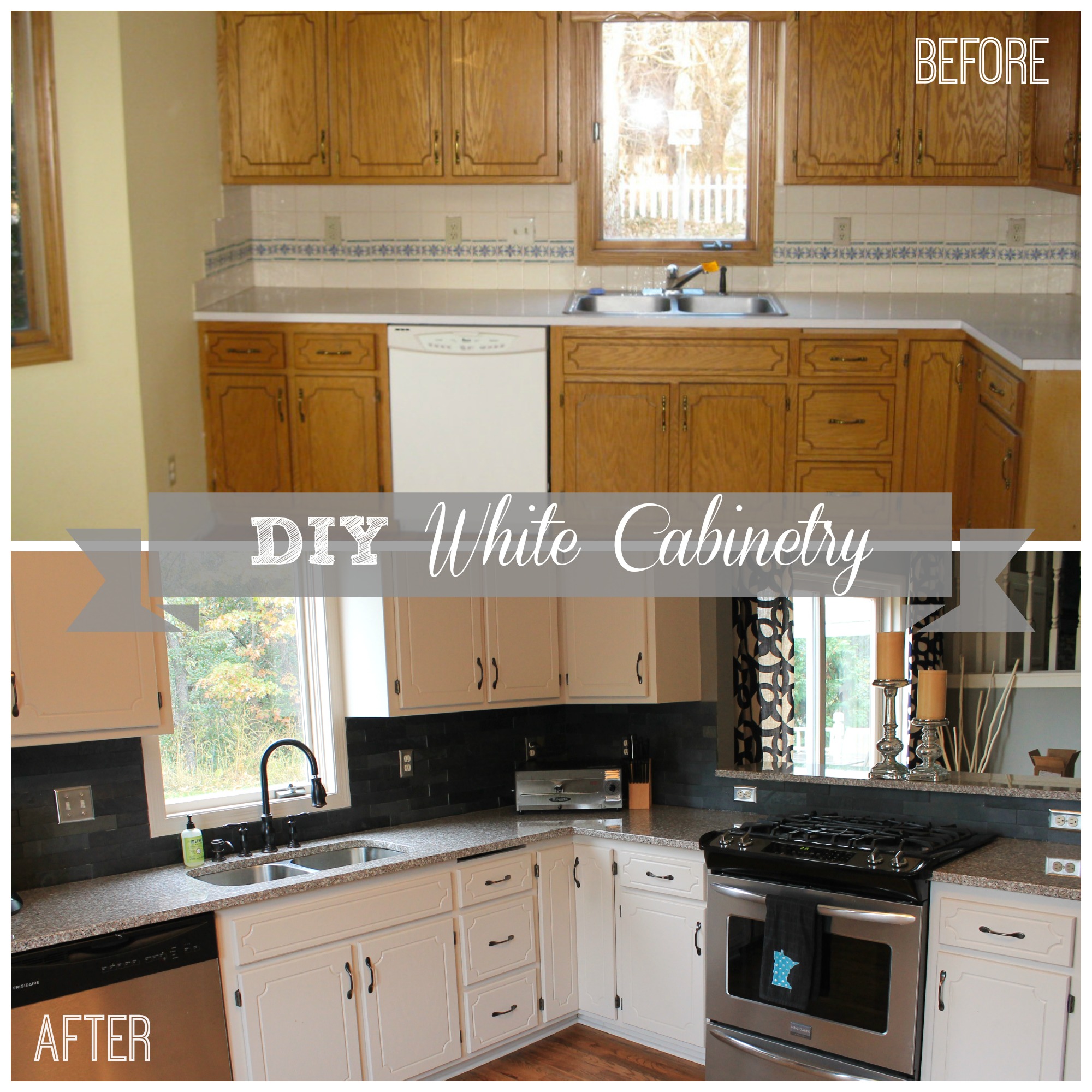 before and after of DIY white cabinetry