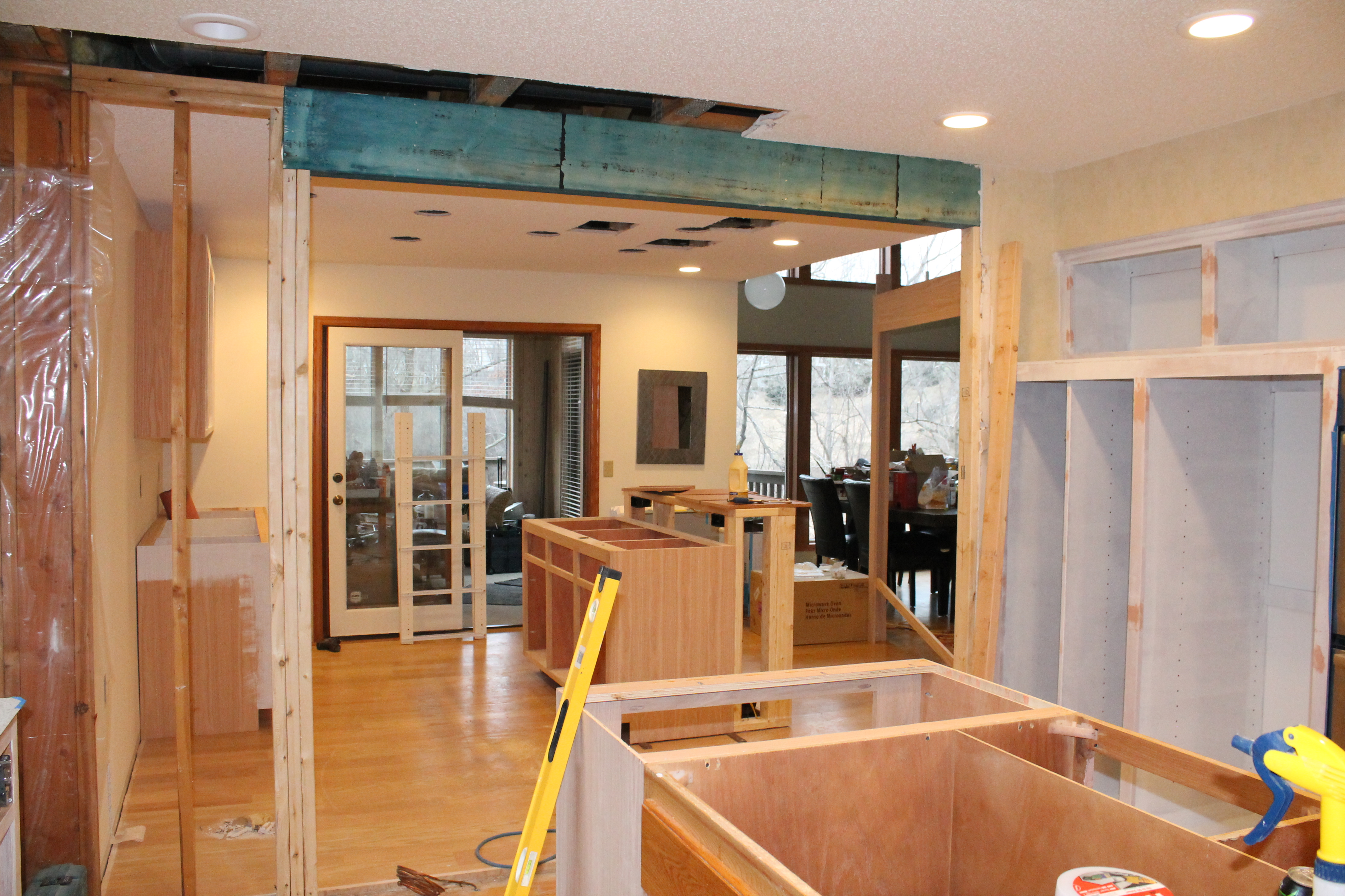 Placing header into load barring wall, construction2style kitchen remodel