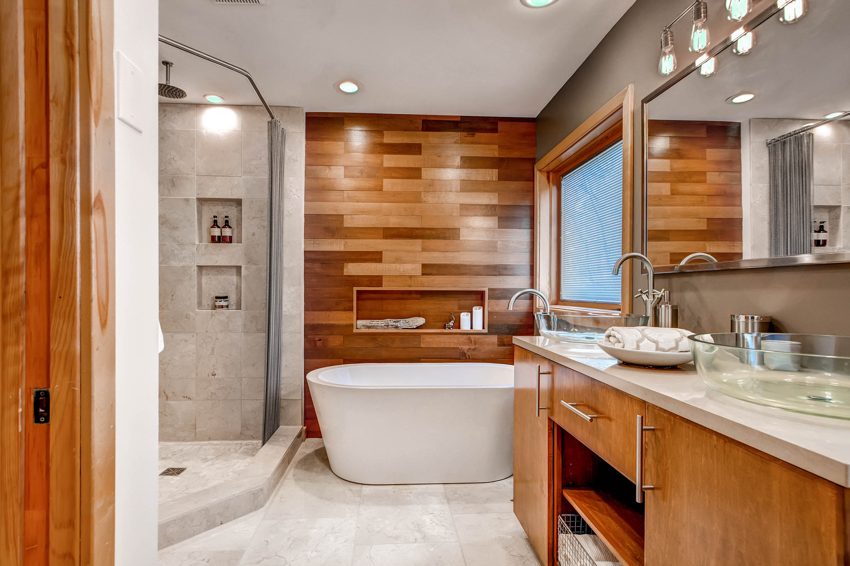 wood plank wall | natural spa like bathroom remodel | Minnetonka, MN design + build | construction2style