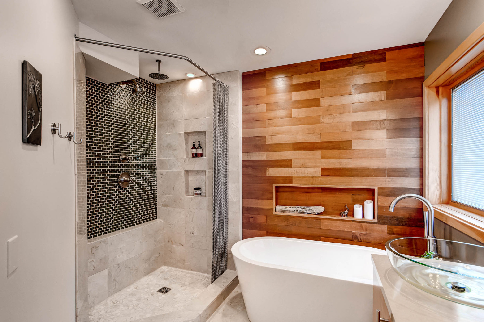 wood plank wall | natural spa like bathroom remodel | Minnetonka, MN design + build | construction2style