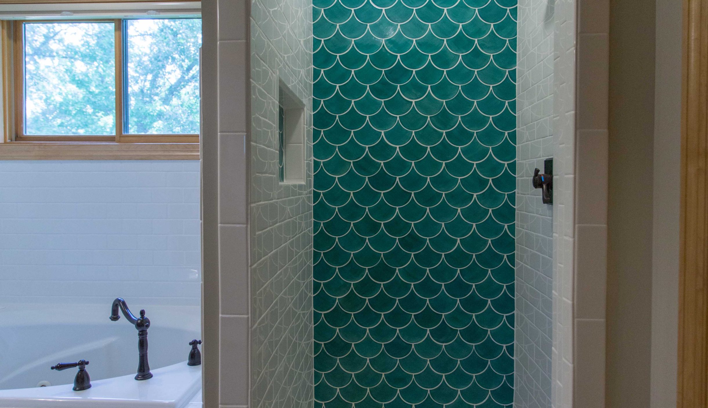 moroccan fish scale tile in white shower