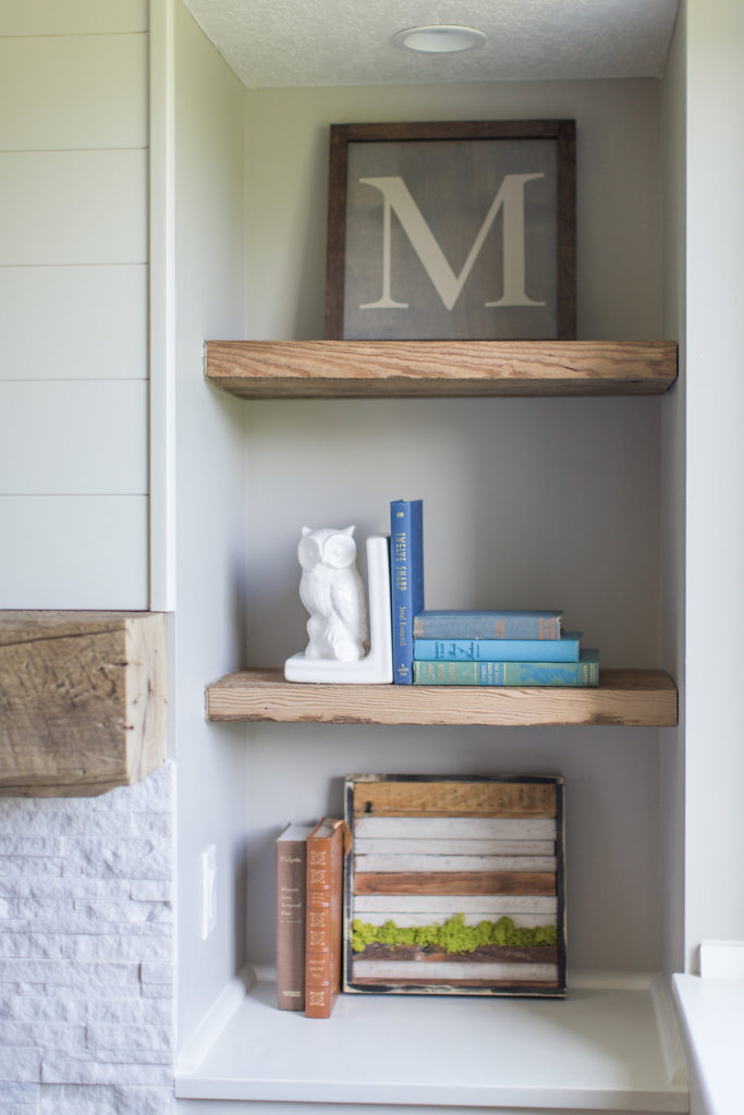 Modern Farmhouse Basement Remodel with shiplap and reclaimed shelves | construction2style