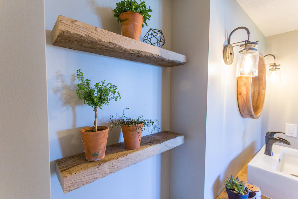 Modern Farmhouse Basement Remodel with reclaimed shelves | construction2style