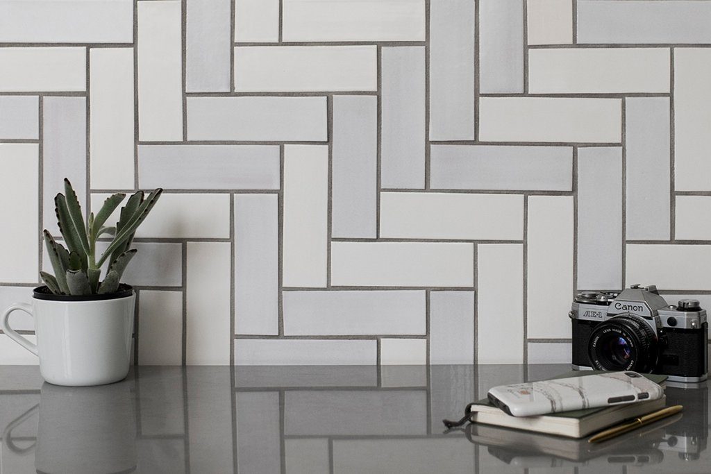 subway tile patterns two tone herringbone ceramic tile in a step ladder formation from Mercury Mosaics