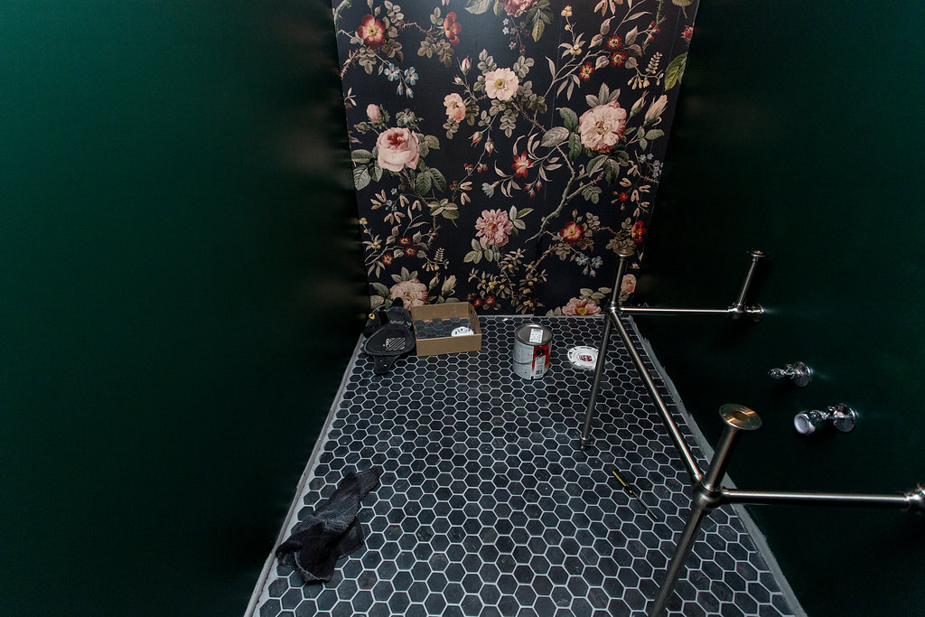 construction2style bathroom remodel | black hex tile floor, benjamin moore forest green wall, rebel wall floral wallpaper