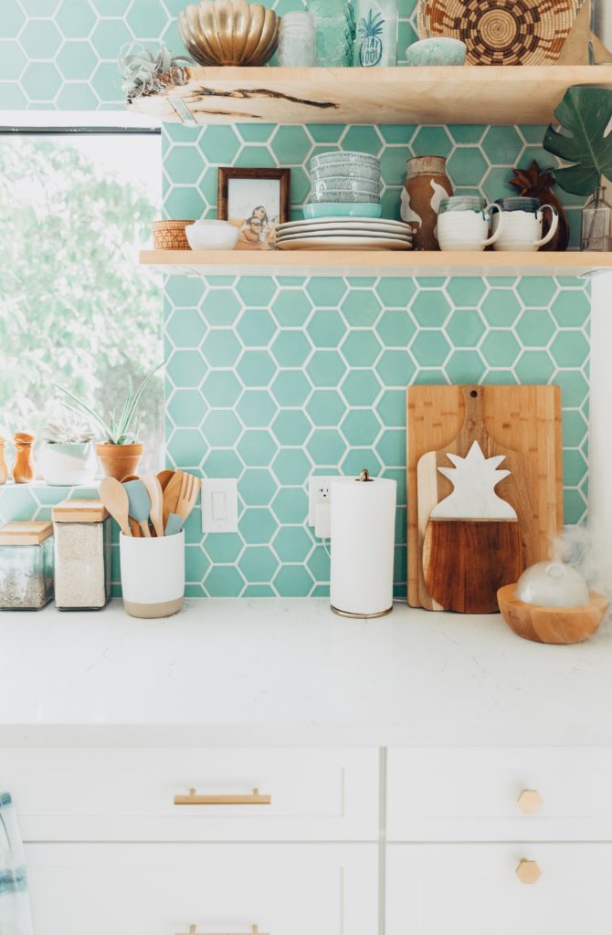 turquoise honeycomb kitchen back splash by construction2style