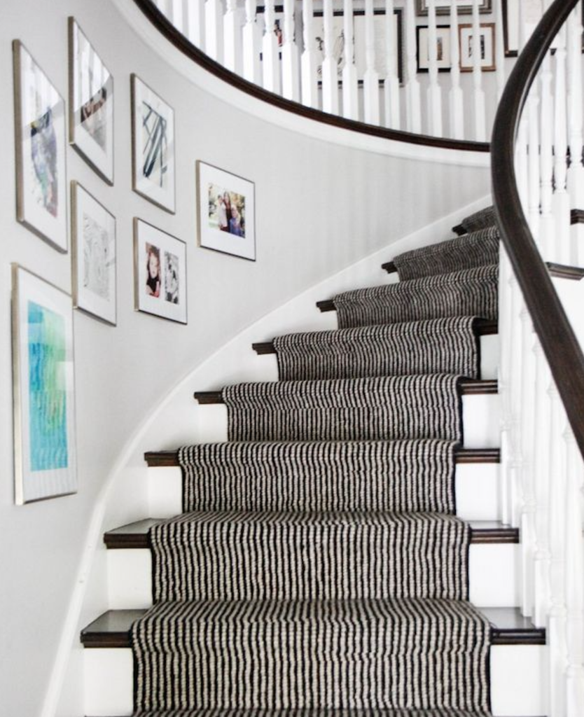 black and white striped stair runner