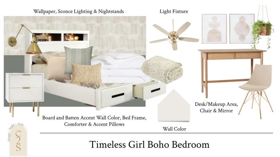 Timeless girl | boho Bedroom design | Concept Boards