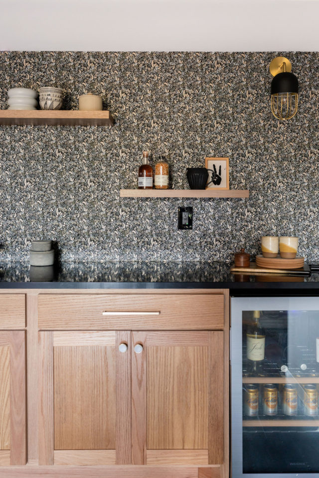 the best floating shelves in white oak placed as a part of a dry bar designed by construction2style