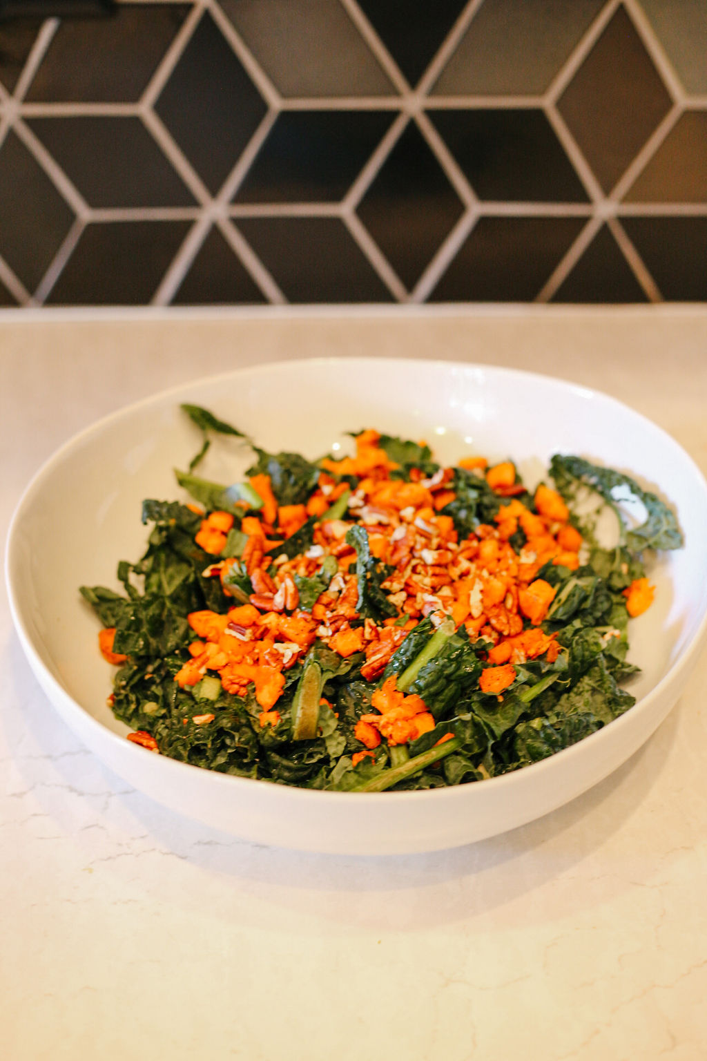 Kale, roasted sweet potatoes and pecans
