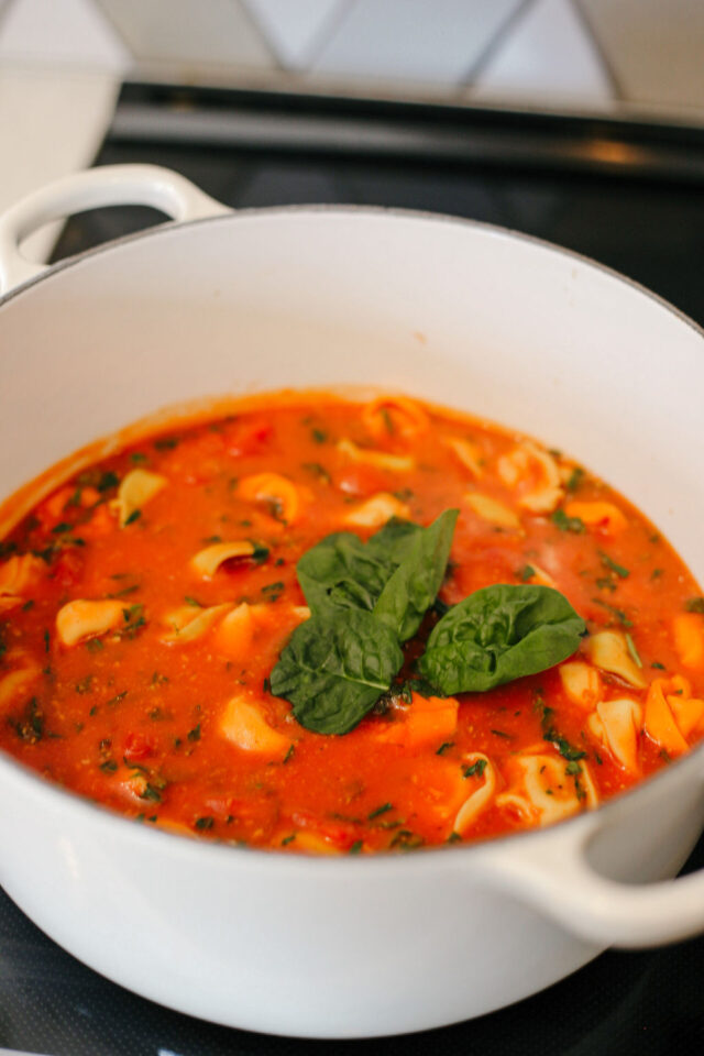 Tomato Tortellini Soup in the pot