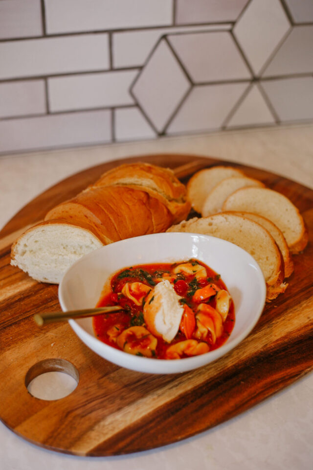 Tomato Tortellini Soup with sliced french baguette