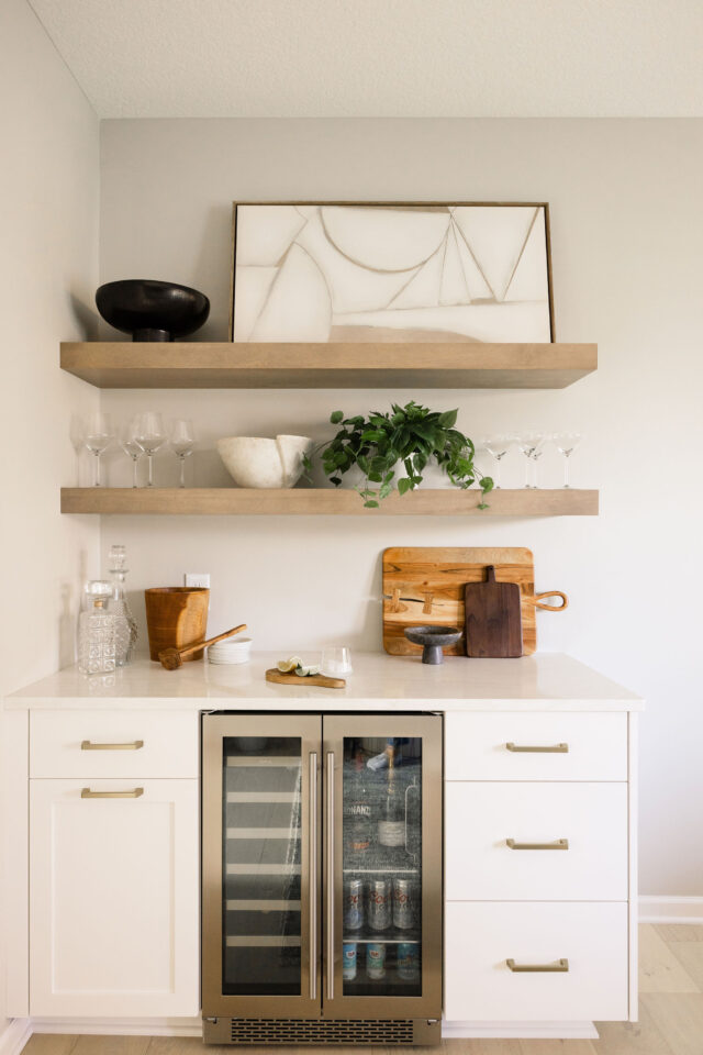 dry bar design ideas | floating shelves