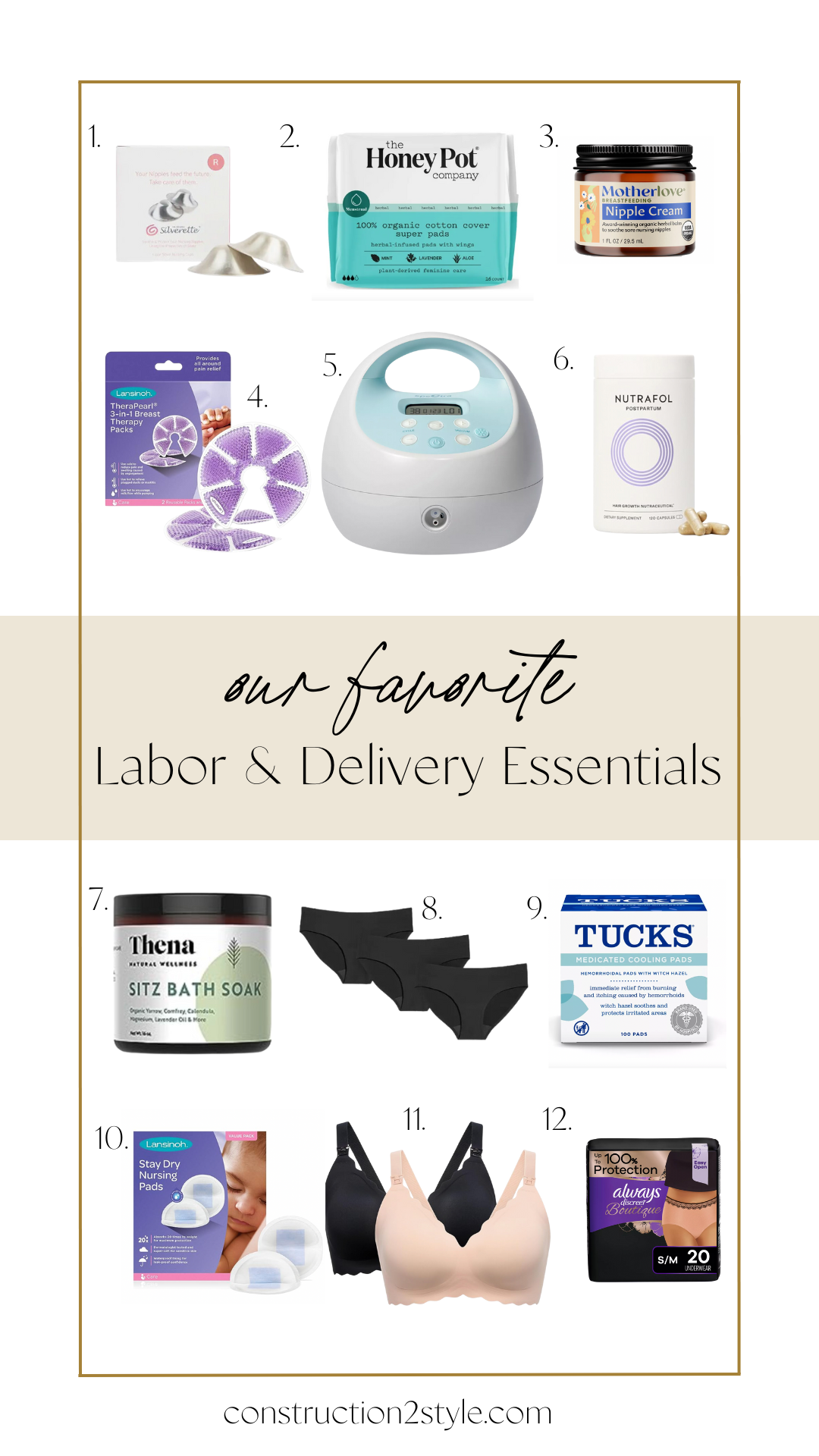 Our favorite labor and deliver essentials made up on a canvas with affiliate links available below