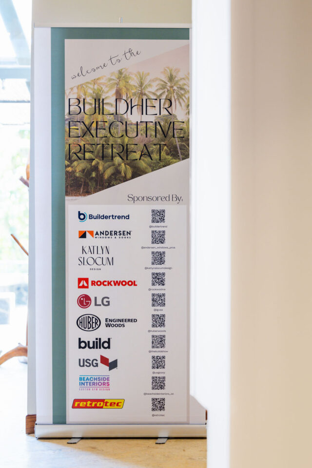a welcome sign to buildher retreat 2025 and a list of barcodes and sponsors: buildertrend, andersen windows, katlyn slocum, rockwool, lg, huber, usg, build, beachside interiors and retrotec
