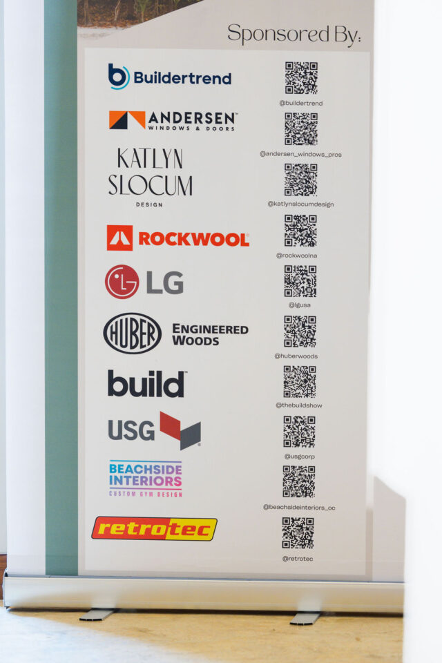 a photo of a list of barcodes and sponsors of buildher retreat in 2025, a conference for every female contractor in the United States; the sponsors were: buildertrend, andersen windows, katlyn slocum, rockwool, lg, huber, usg, build, beachside interiors and retrotec