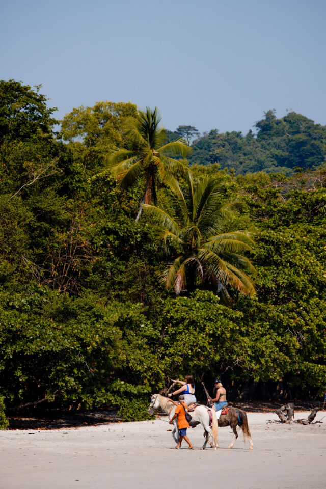 a photo of two female builders riding horses with a guide on the beach in Costa Rica, while attending contractor conference for women called buildher retreat 2025