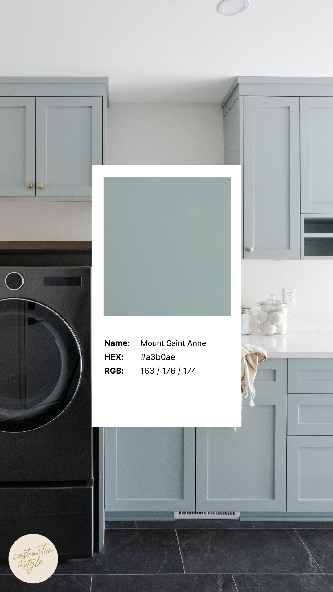 Mount saint anne by benjamin moore is one of the popular interior paint colors, it's cooler and it doesn't overwhelm the space, great for laundry room, bathroom or office 