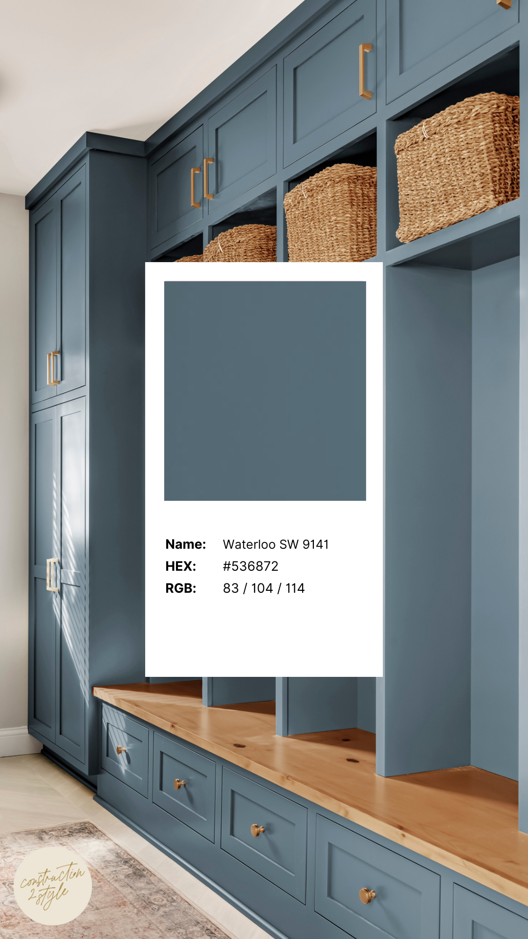 waterloo is one of our favorite interior paint colors for a mudroom, it's mid-tine pairs well with gold and wood