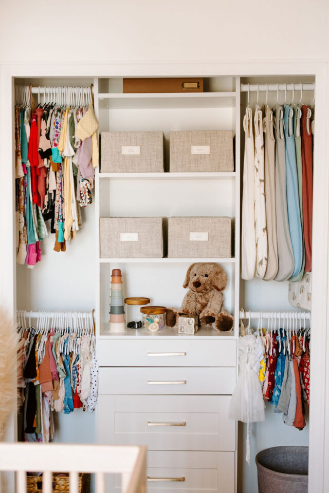a photo of an organized baby closet by Neat Method using the best nursery storage tips